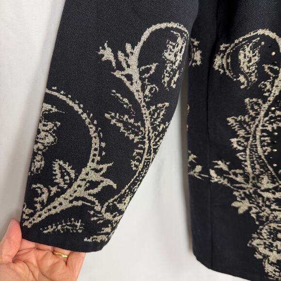 CHICOS Womens Black Silver Gold Detailed Cardigan Sweater 3/XL/16 Holiday Party - Picture 4 of 9
